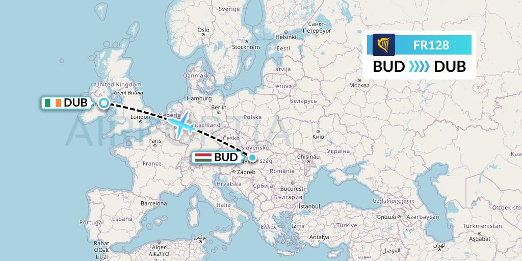 FR128 Ryanair Flight Map: Budapest to Dublin
