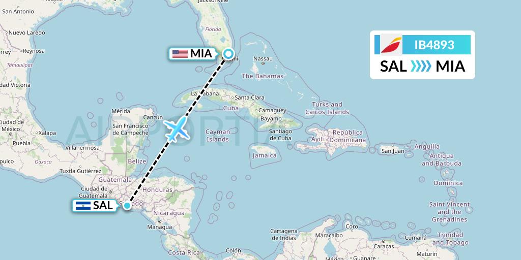 IB4893 Iberia Flight Map: San Salvador to Miami