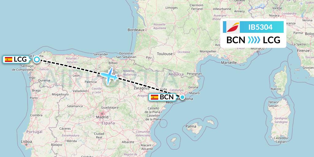IB5304 Iberia Flight Map: Barcelona to A Coruna