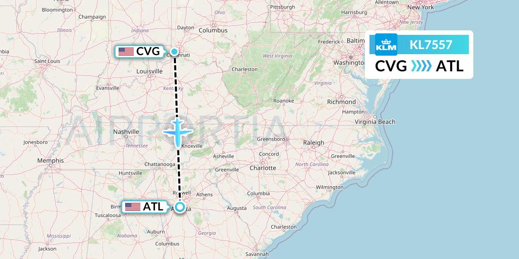 KL7557 KLM Flight Map: Cincinnati to Atlanta