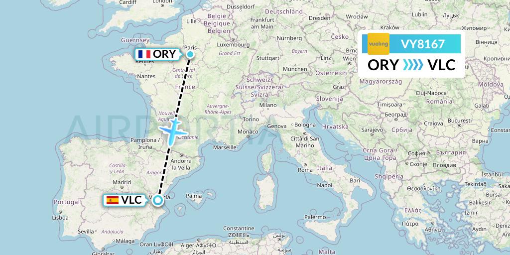 VY8167 Vueling Flight Map: Paris to Valencia