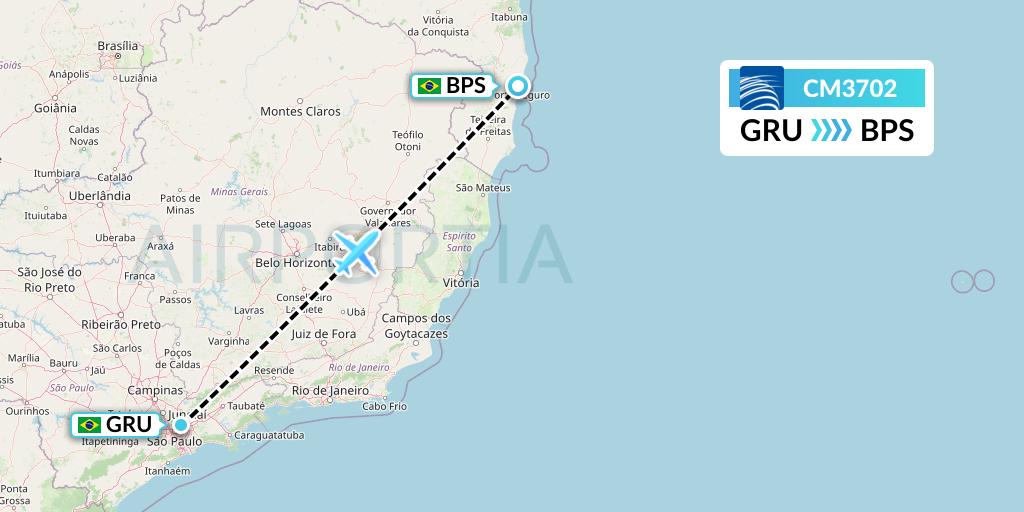 CM3702 Copa Airlines Flight Map: Sao Paulo to Porto Seguro