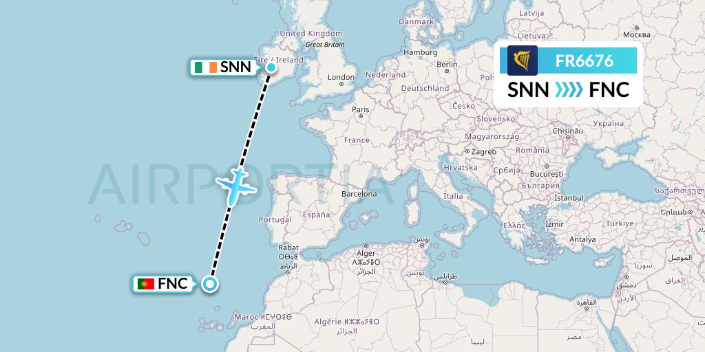 FR6676 Ryanair Flight Map: Shannon to Funchal