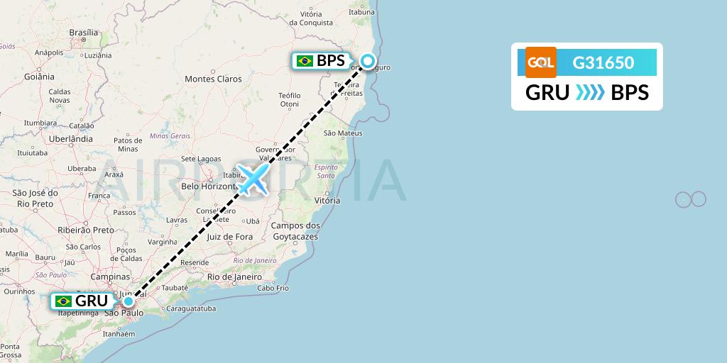 G31650 GOL Transportes Aeros Flight Map: Sao Paulo to Porto Seguro