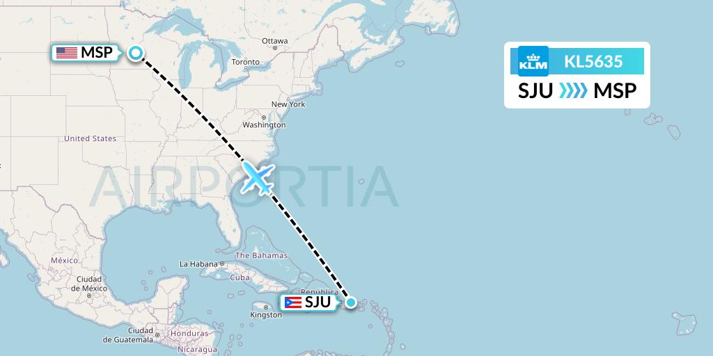 KL5635 KLM Flight Map: San Juan to Minneapolis