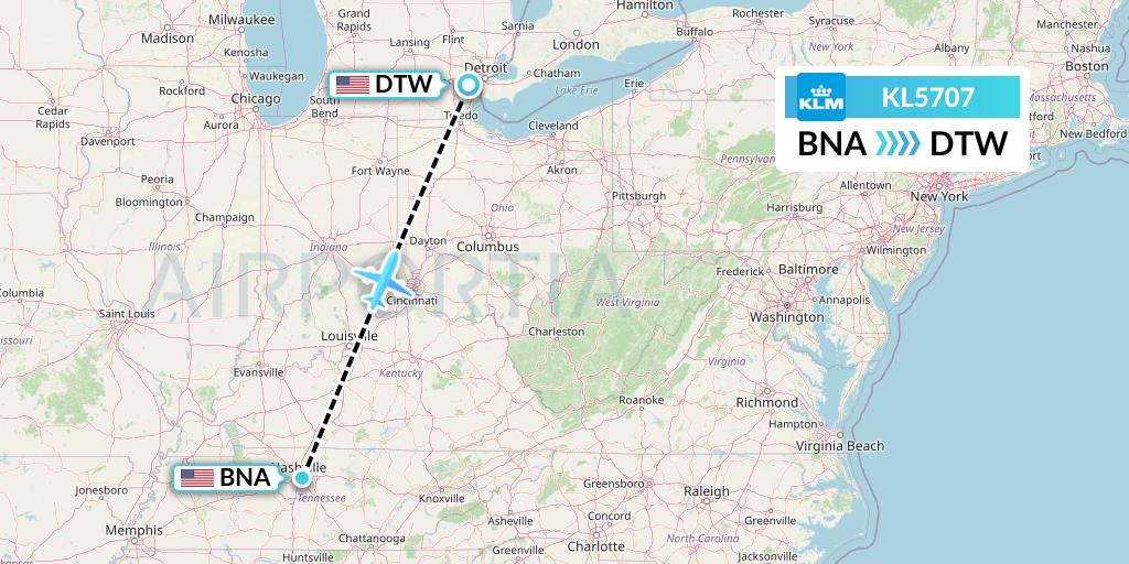 KL5707 KLM Flight Map: Nashville to Detroit