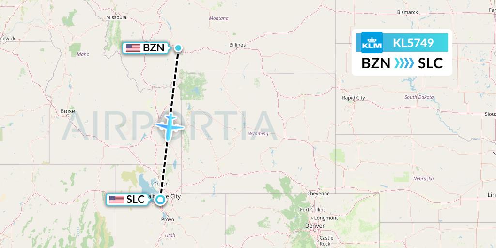 KL5749 KLM Flight Map: Bozeman to Salt Lake City