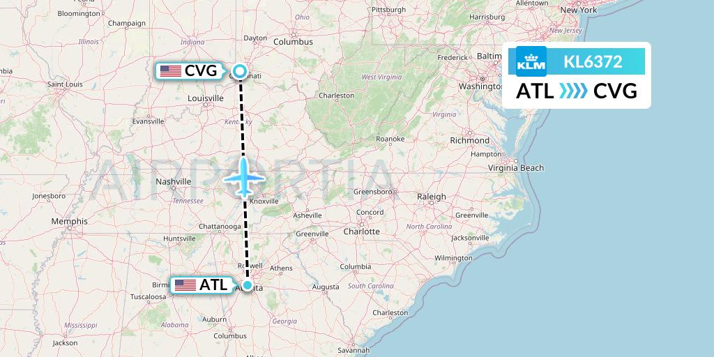 KL6372 KLM Flight Map: Atlanta to Cincinnati