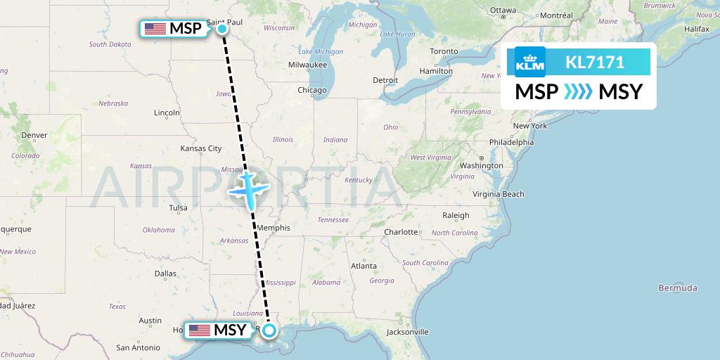 KL7171 KLM Flight Map: Minneapolis to New Orleans
