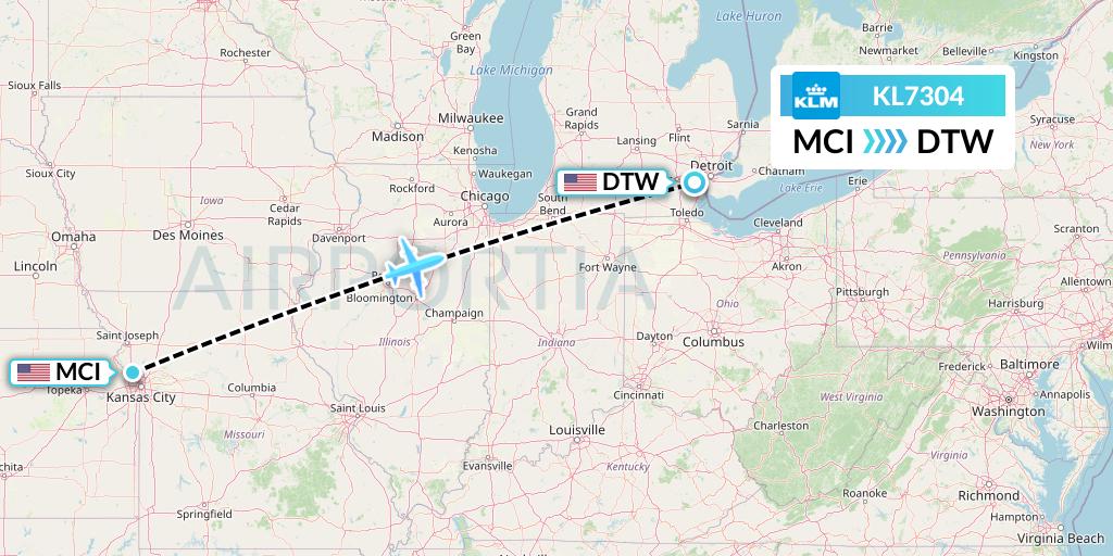 KL7304 KLM Flight Map: Kansas City to Detroit