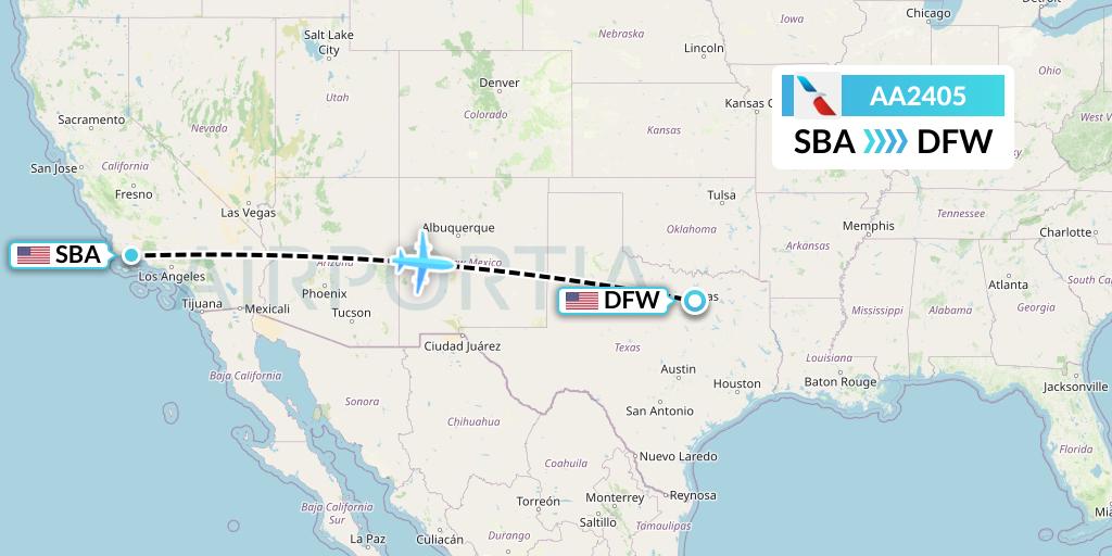 AA2405 American Airlines Flight Map: Santa Barbara to Dallas