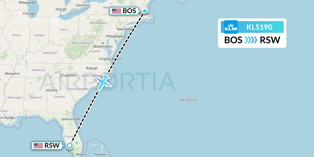 KL5190 KLM Flight Map: Boston to Fort Myers
