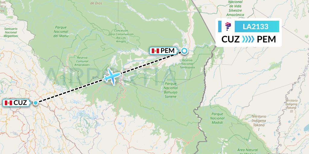 LA2133 LAN Airlines Flight Map: Cusco to Puerto Maldonado