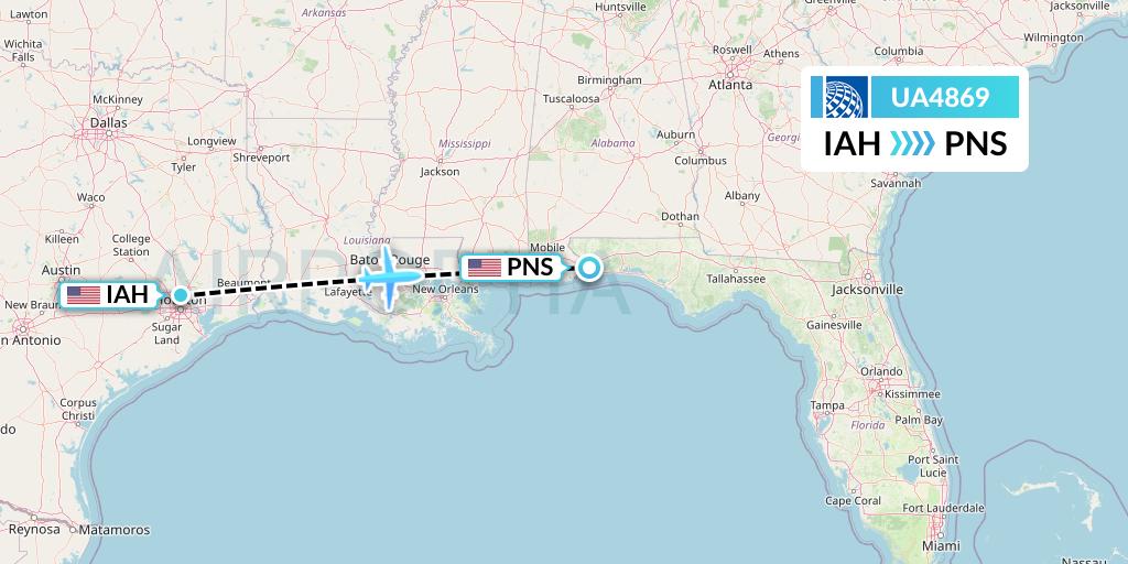 UA4869 United Airlines Flight Map: Houston to Pensacola