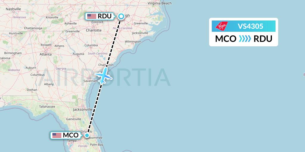 VS4305 Virgin Atlantic Airways Flight Map: Orlando to Raleigh-Durham