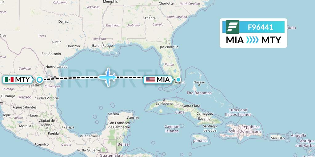 F96441 Frontier Airlines Flight Map: Miami to Monterrey