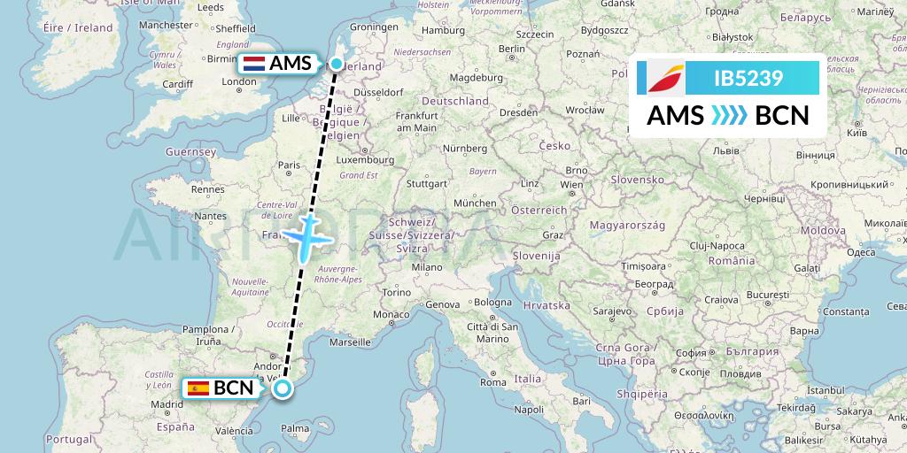 IB5239 Iberia Flight Map: Amsterdam to Barcelona
