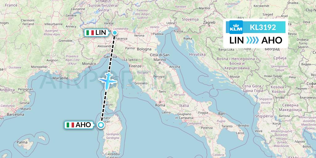 KL3192 KLM Flight Map: Milan to Alghero