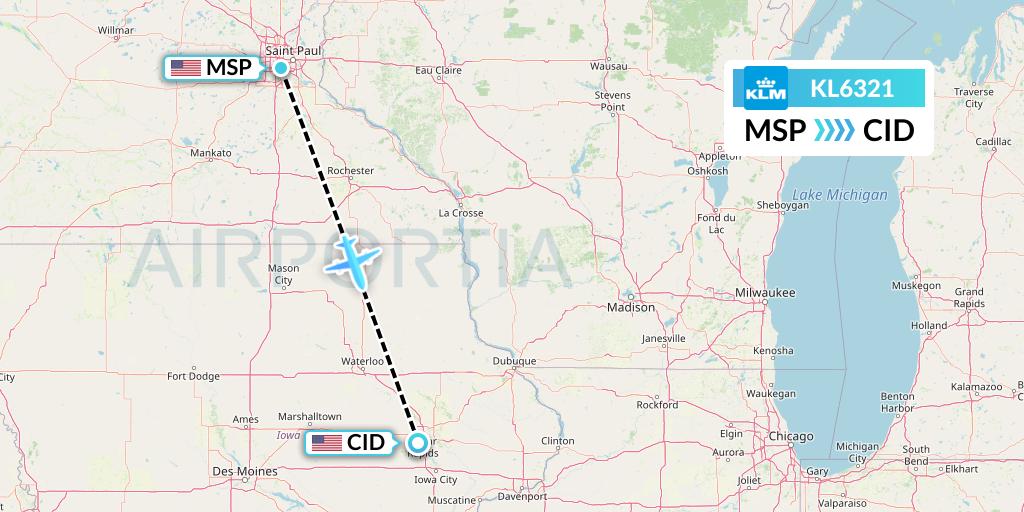 KL6321 KLM Flight Map: Minneapolis to Cedar Rapids