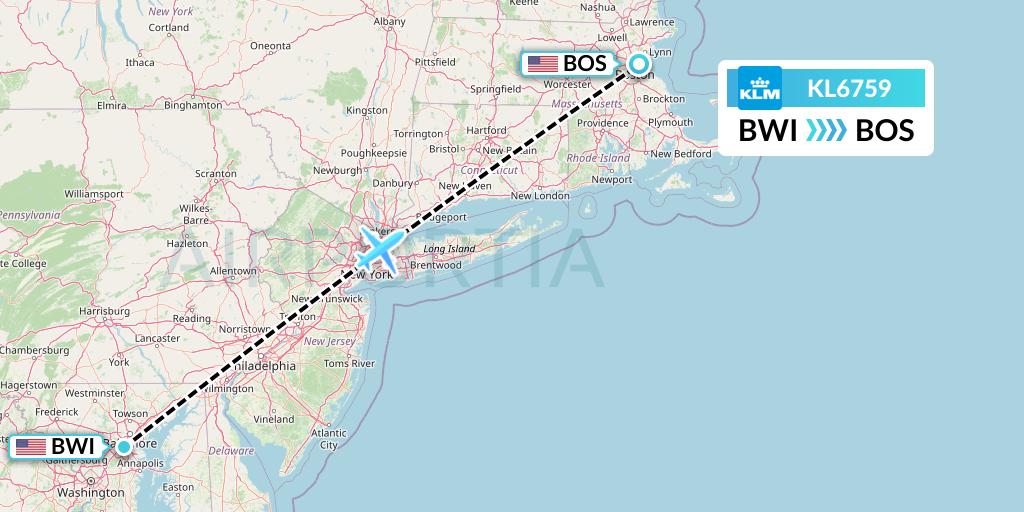 KL6759 KLM Flight Map: Baltimore to Boston