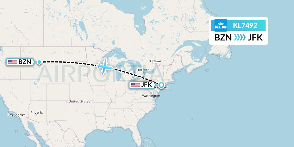 KL7492 KLM Flight Map: Bozeman to New York