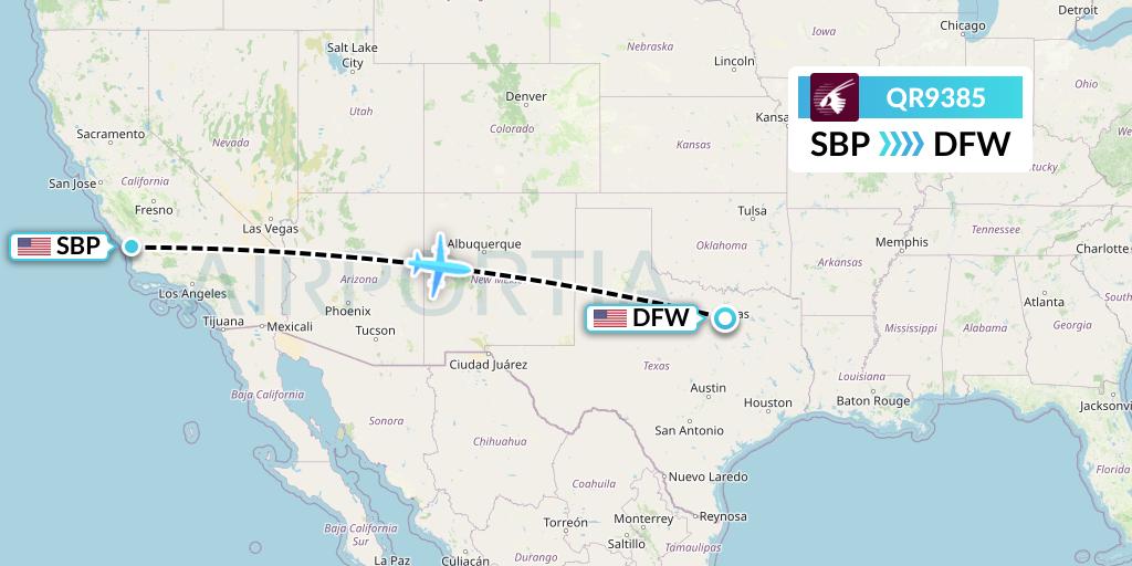 QR9385 Qatar Airways Flight Map: San Luis Obispo to Dallas