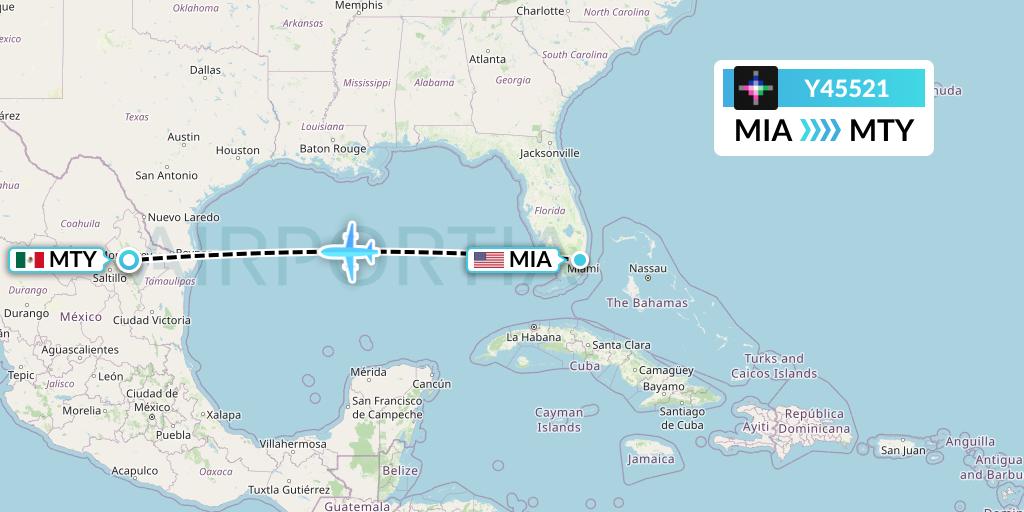 Y45521 Volaris Flight Map: Miami to Monterrey