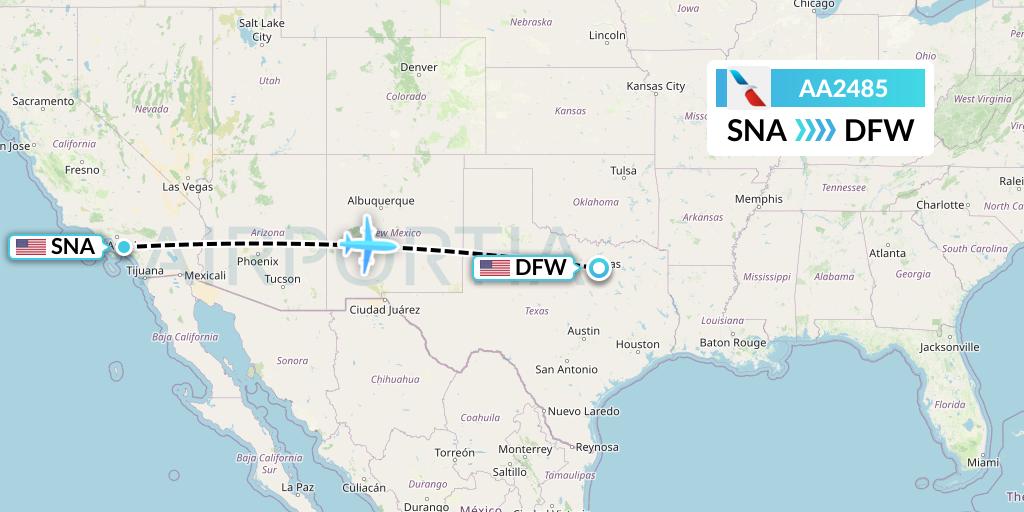 AA2485 American Airlines Flight Map: Orange County to Dallas