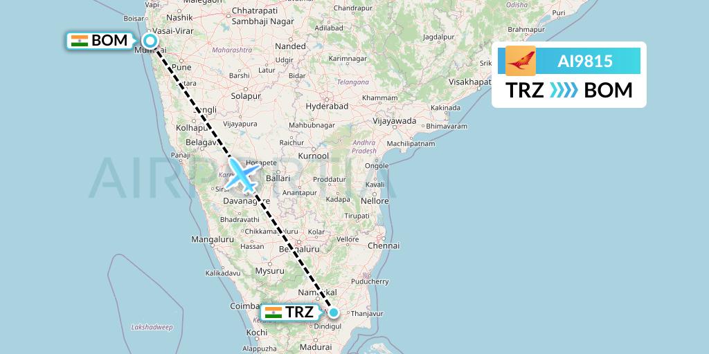 AI9815 Air India Flight Map: Tiruchirapalli to Mumbai