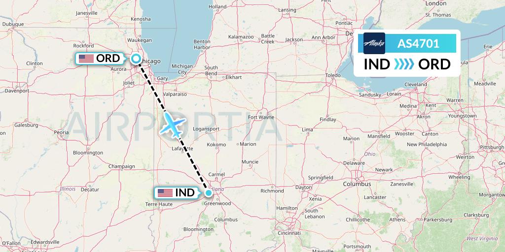 AS4701 Alaska Airlines Flight Map: Indianapolis to Chicago