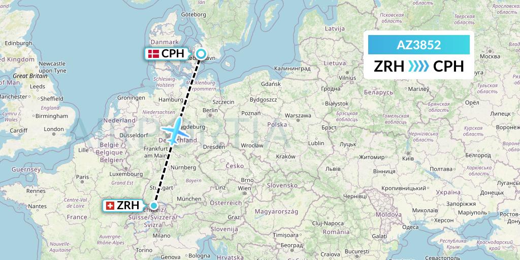 AZ3852 ITA Airways Flight Map: Zurich to Copenhagen