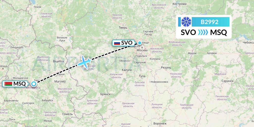 B2992 Belavia Flight Map: Moscow to Minsk