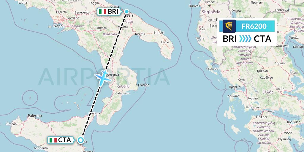 FR6200 Ryanair Flight Map: Bari to Catania
