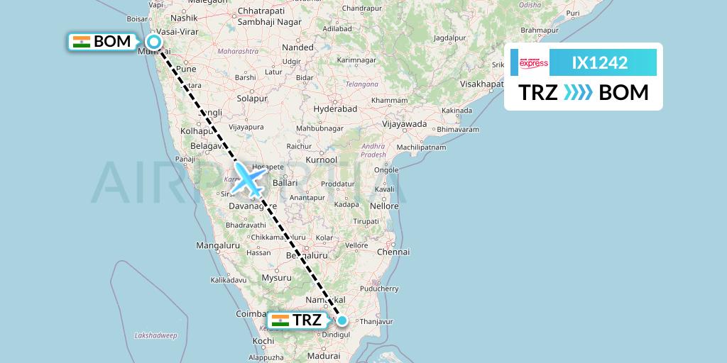 IX1242 Air India Express Flight Map: Tiruchirapalli to Mumbai