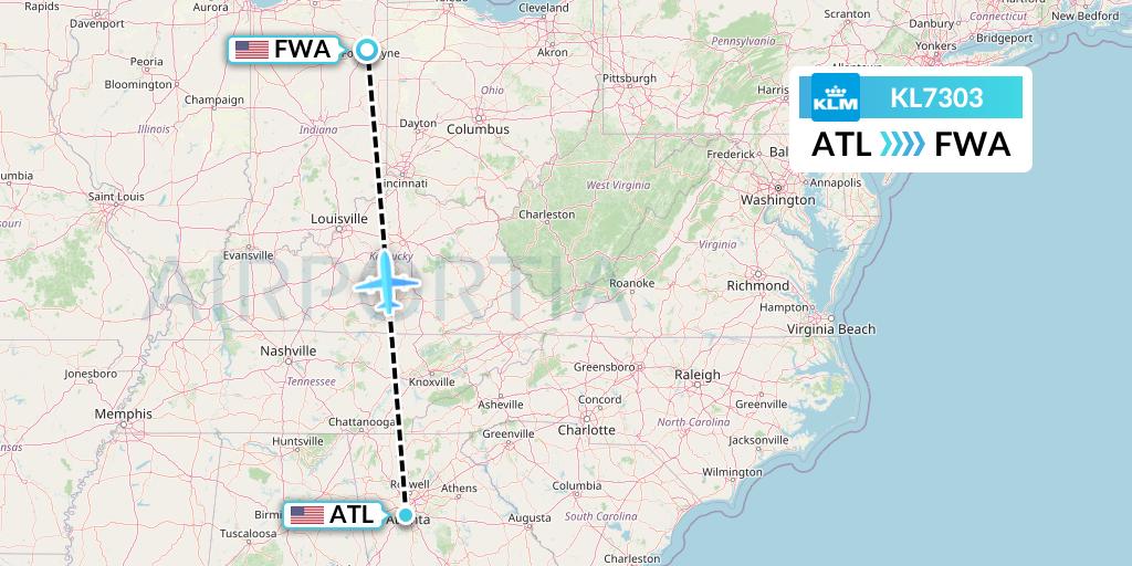 KL7303 KLM Flight Map: Atlanta to Fort Wayne
