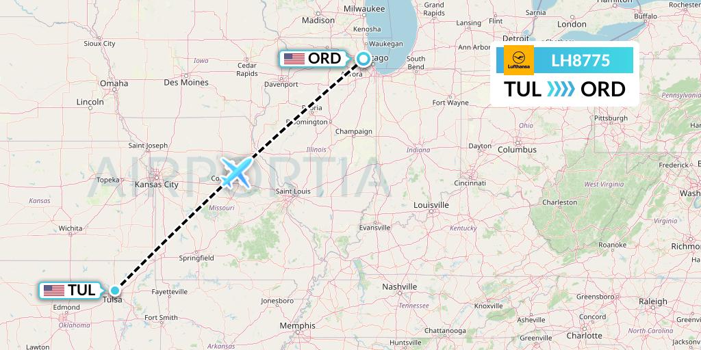 LH8775 Lufthansa Flight Map: Tulsa to Chicago