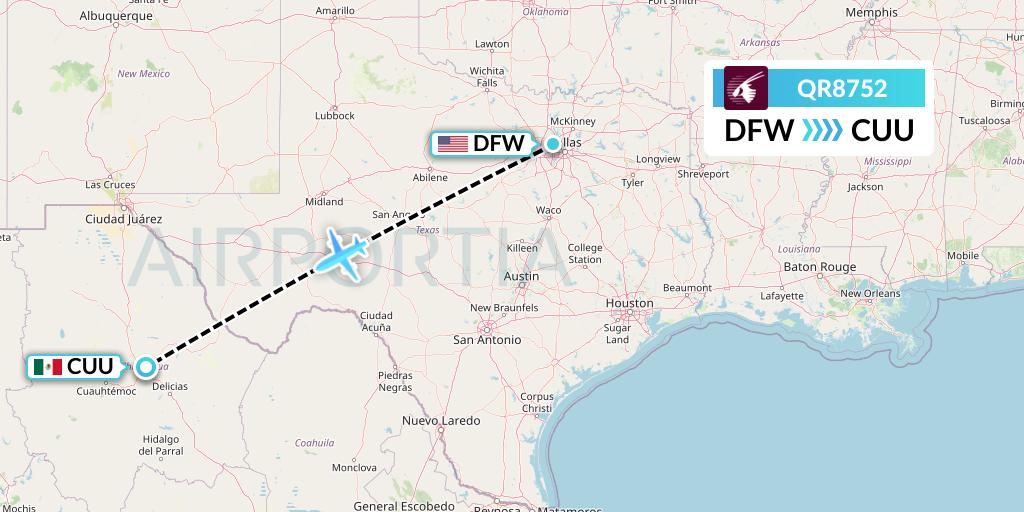 QR8752 Qatar Airways Flight Map: Dallas to Chihuahua
