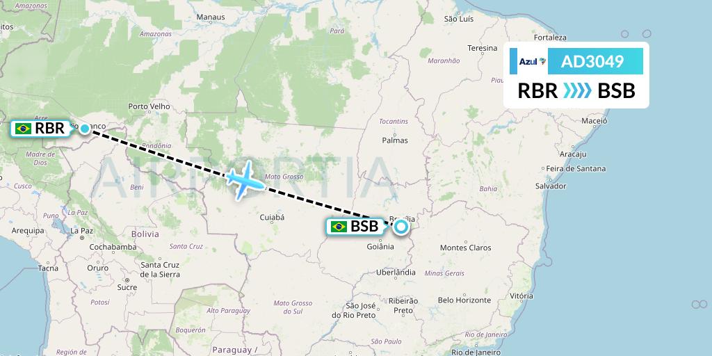 AD3049 Azul Brazilian Airlines Flight Map: Rio Branco to Brasilia