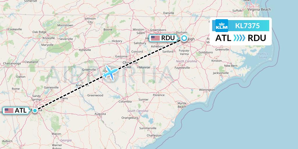 KL7375 KLM Flight Map: Atlanta to Raleigh-Durham