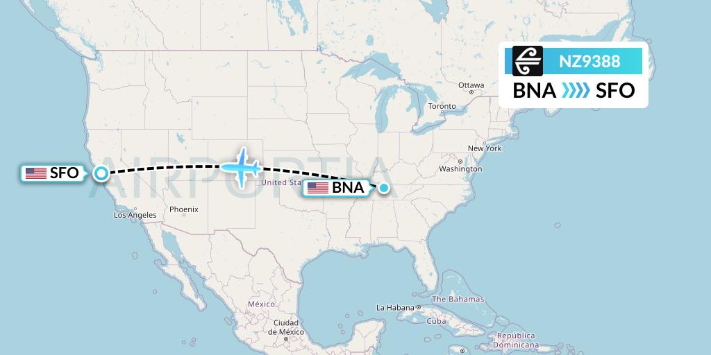 NZ9388 Air New Zealand Flight Map: Nashville to San Francisco
