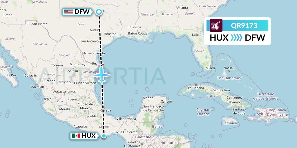 QR9173 Qatar Airways Flight Map: Huatulco to Dallas