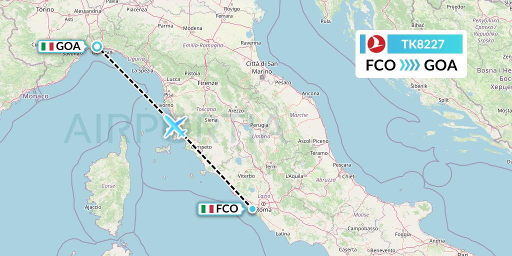 TK8227 Turkish Airlines Flight Map: Rome to Genoa