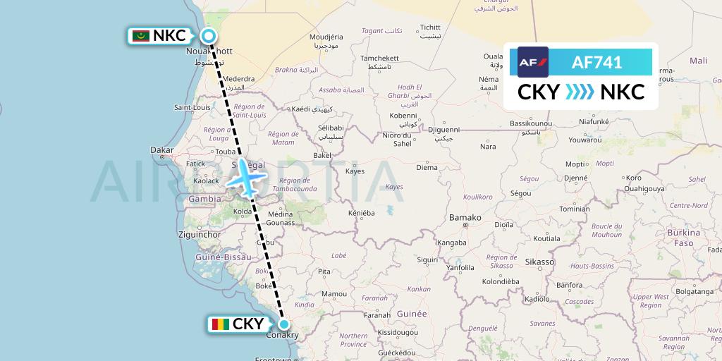 AF741 Air France Flight Map: Conakry to Nouakchott