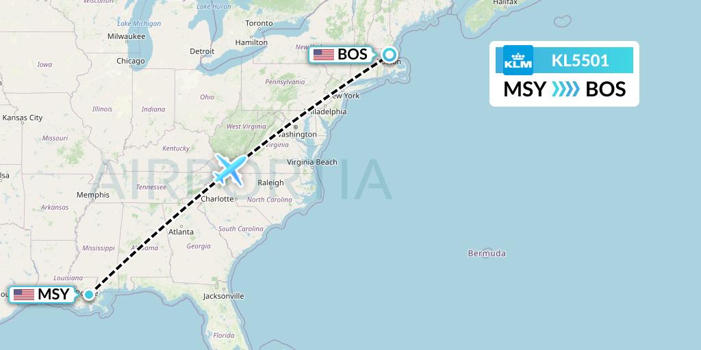 KL5501 KLM Flight Map: New Orleans to Boston