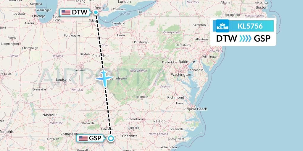 KL5756 KLM Flight Map: Detroit to Greenville-Spartanburg