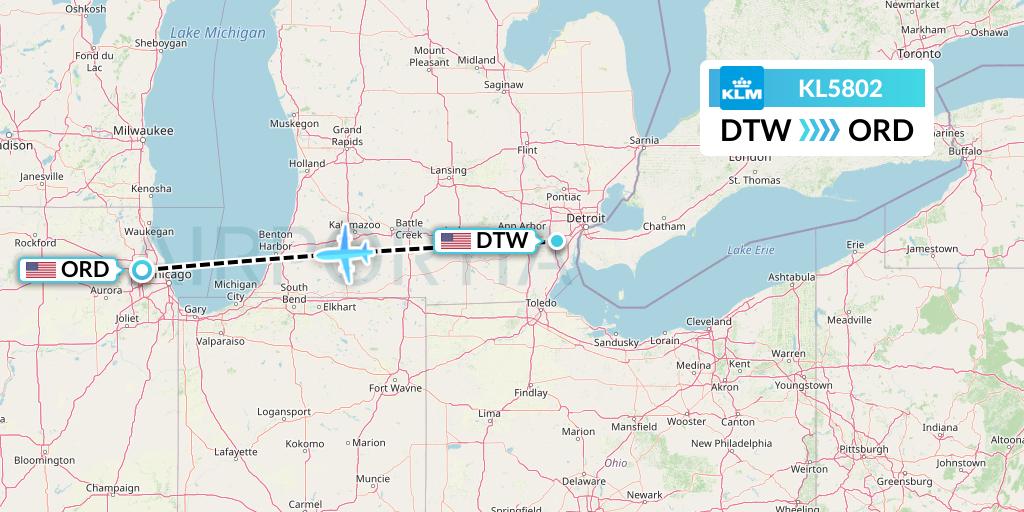 KL5802 KLM Flight Map: Detroit to Chicago