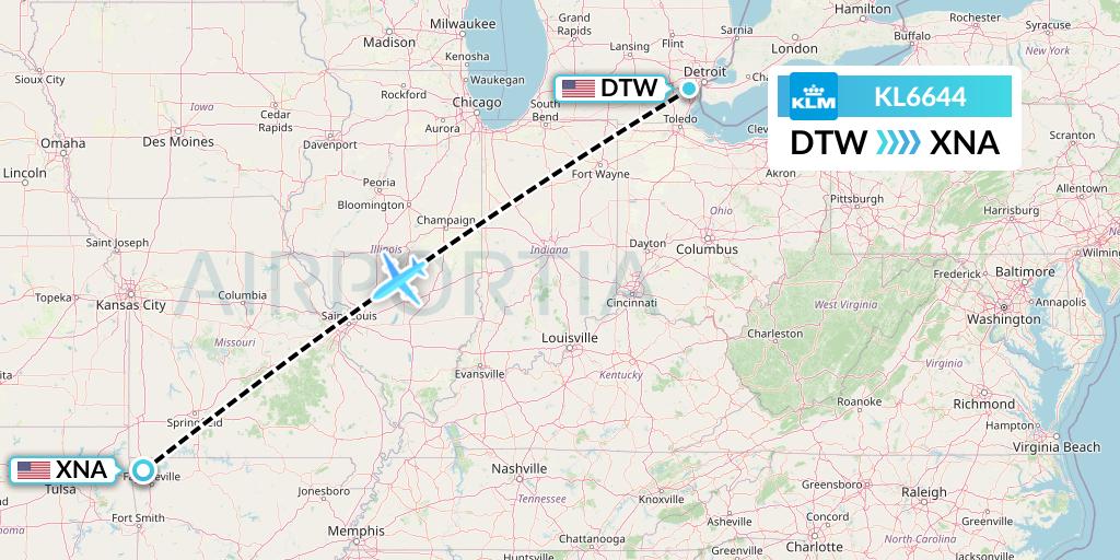 KL6644 KLM Flight Map: Detroit to Bentonville
