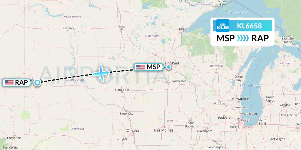 KL6658 KLM Flight Map: Minneapolis to Rapid City