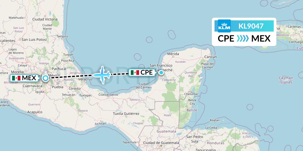 KL9047 KLM Flight Map: Campeche to Mexico City