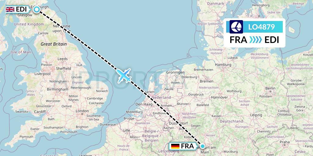 LO4879 LOT Flight Map: Frankfurt to Edinburgh